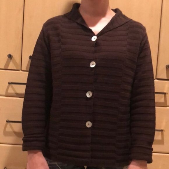 Cafe' Rib Chocolate Brown Button-down Cardigan - Picture 5 of 6